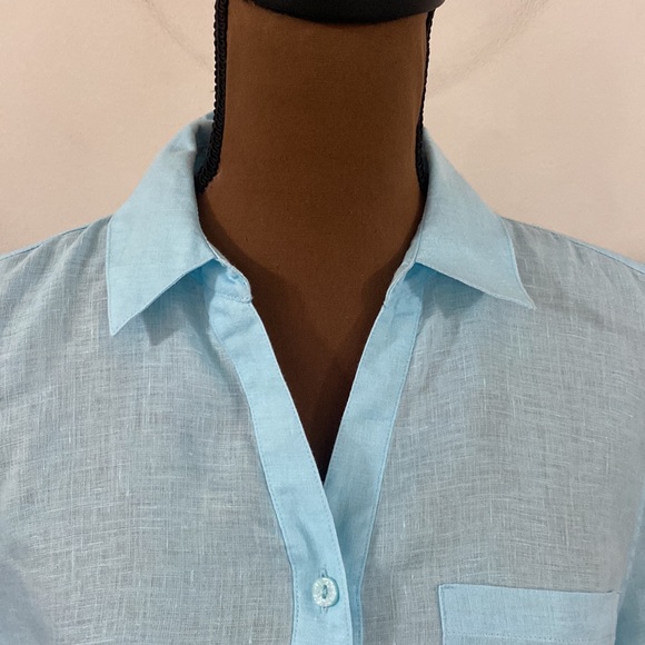 Chico’s No-Iron Linen 3/4 sleeve sheer Shirt in bright baby blue size US 10 - Picture 6 of 12
